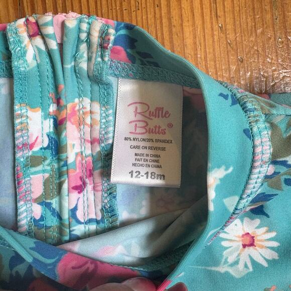 Ruffle Butts blue floral long sleeve rashguard one piece swimsuit SIZE 12-18M - Picture 2 of 5